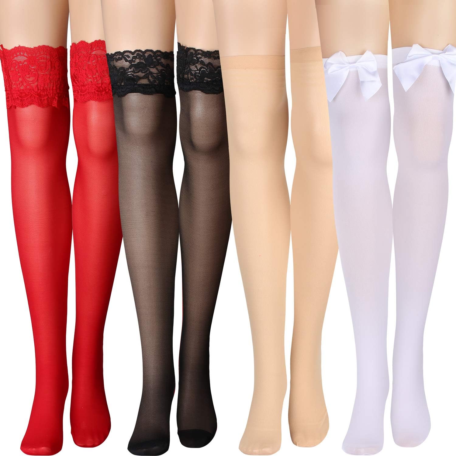 Silk Thigh High Stocking for Women Lace Silicone Socks Satin Bow Top Stocking (Red, Black, Skin Color, White): Clothing