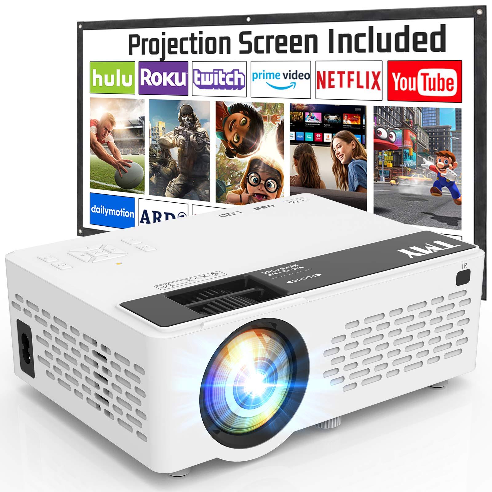 TMY Projector 6500 Lumen with 100 Inch Projector Screen, 1080P Full HD Supported Video Projector, Mini Movie Projector Compatible with TV Stick HDMI VGA USB TF AV, for Home Cinema & Outdoor Movie.