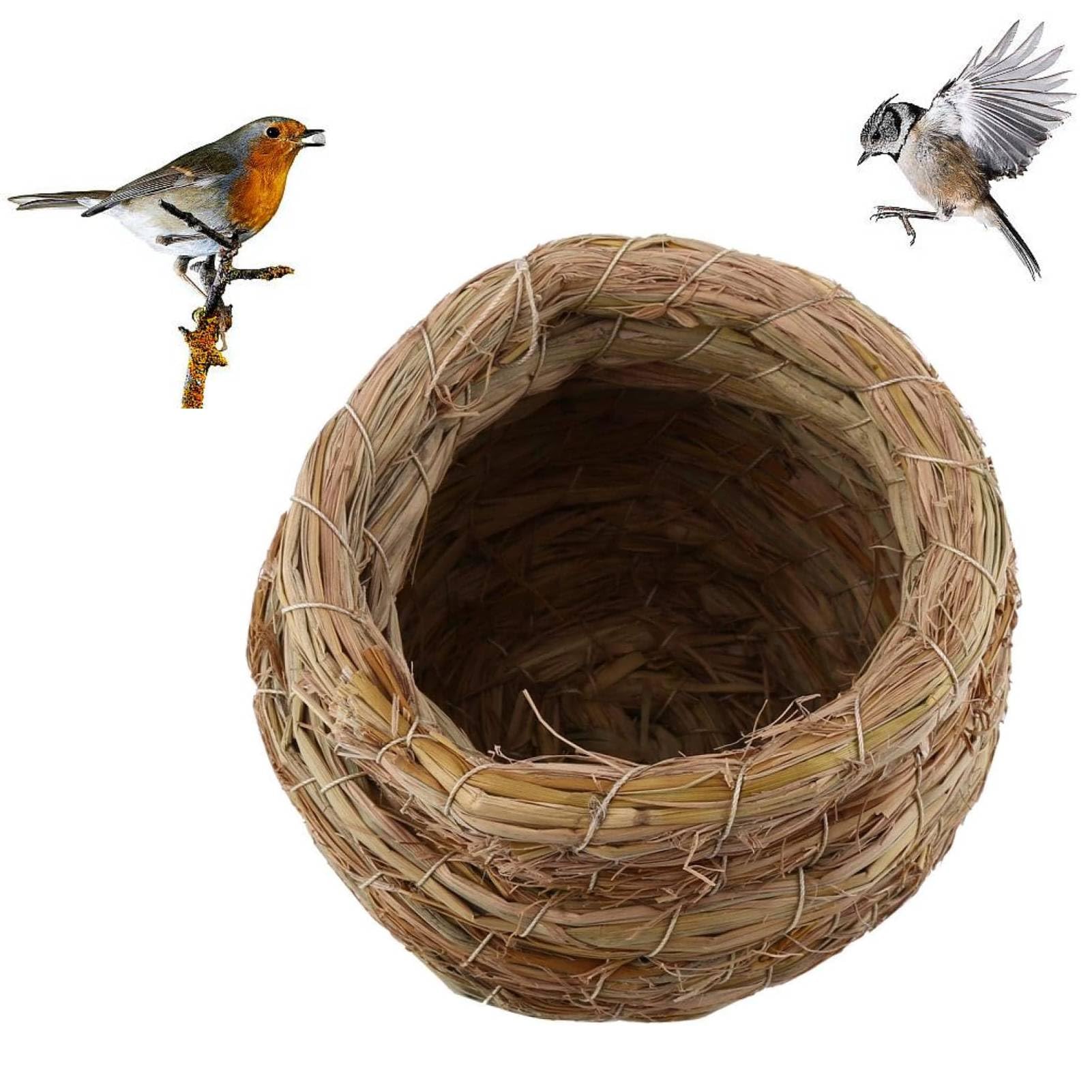 Straw Bird House, Handmade Woven Grass Parrot Canary Finch Budgie Hatching Breeding Cave House Bird Breeding Nest Straw Birds Nest Birdcage Birdhouse Parrot Hideaway Shelter