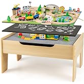 Costzon Train Table, 5 in 1 Kids Activity Wooden Set w/ 78 Pieces Railway Playset, Reversible Map Top, Blackboard, Building Bricks Station &amp; Large Storage Space, Toddler Sensory Table for 18 M+