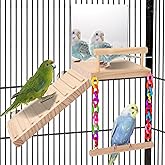 KyoukiBird Perch Platform Bird Toys with Bird Mirror Climbing Ladder Swing, Parakeet Cage Accessories - for Cockatiels, Lovebirds, Budgies,Pacific Parrotlets,Finch,Canaries - Wooden Play Gym