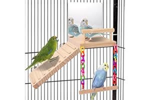 KyoukiBird Perch Platform Bird Toys with Bird Mirror Climbing Ladder Swing, Parakeet Cage Accessories - for Cockatiels, Lovebirds, Budgies,Pacific Parrotlets,Finch,Canaries - Wooden Play Gym