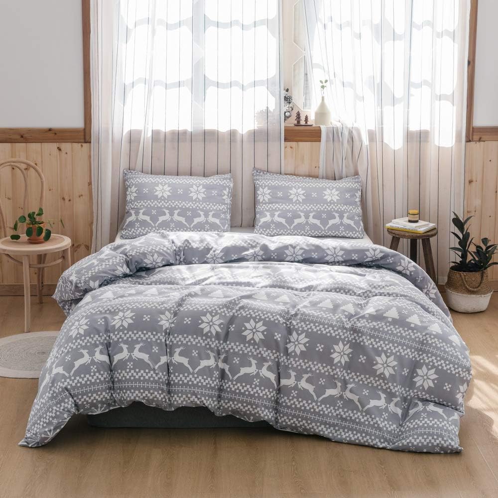Smoofy 3 Pieces Duvet Cover Set, Washed Microfiber and Ultra Soft Bedding Sets, Christmas Tree and Snowflake Pattern, Simple Style, Queen, White and Black
