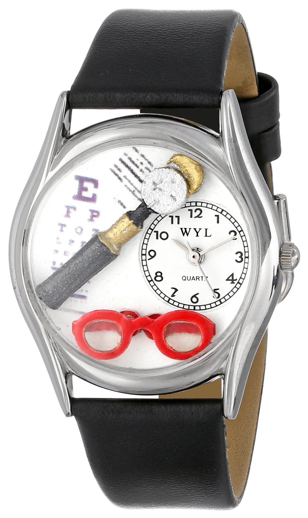 Whimsical Watches Opthamologist Black Leather and Silvertone Unisex Quartz Watch with White Dial Analogue Display and Multicolour Leather Strap S-0610015
