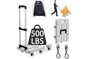 BOOKSUN Folding Hand Truck, Foldable Cart for 500 lbs Heavy Luggage, Hand Truck Dolly, 6-Wheel Foldable Dolly with 2 Ropes, Ideal for Home, Office, and Travel Moving (Grey)