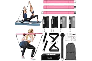 WELUVFIT Multifunctional Portable Pilates Bar Kit with Resistance Bands, Door Anchor for Resistance Bands-Home Gym Equipment with Handles - Stackable Pilates Flexbands Supports Full-Body Workouts for Yoga Pink