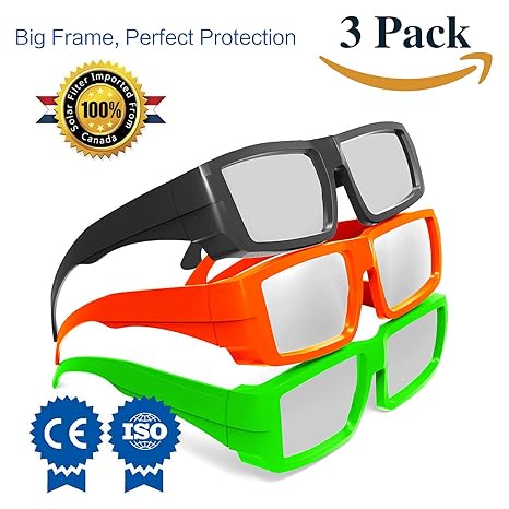 Solar Eclipse Glasses Ce And Iso Certified Safe Solar Viewing Viewer And Filter Eye Protection 3 Pack Plastic Frame Amazon Com