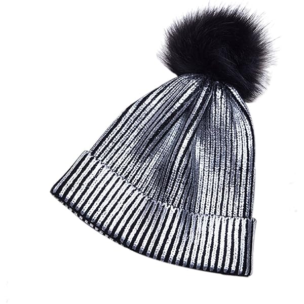 Womens Girls Black Metallic Knit Beanie Pom Pom Winter Hat CTM Women main image 4