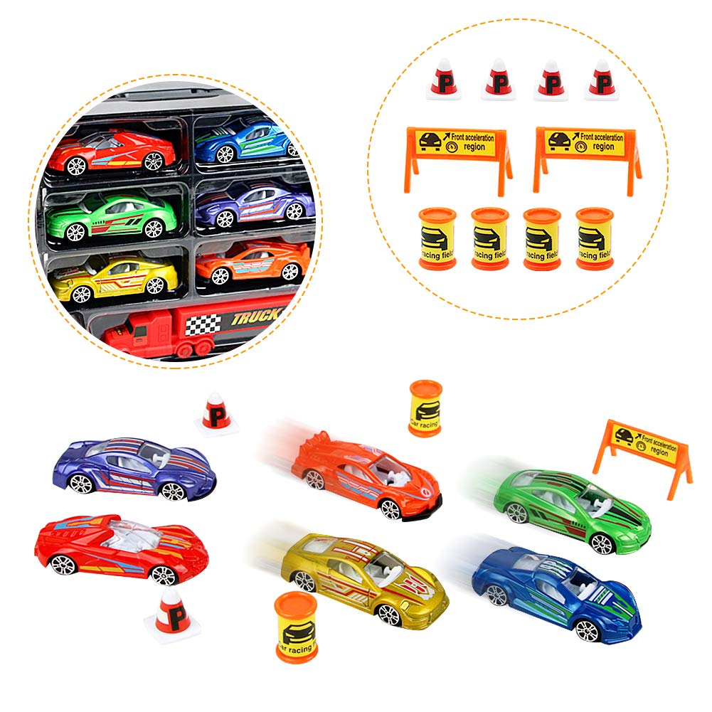 Nuheby Transporter Truck Carrycase for Cars Playset Detachable Carrier Truck Toy Cars Including 17 Mini Mental Die Cast Cars and Accessories- Car Transporter Toy for Boys & Girls 3 4 5 Years Old