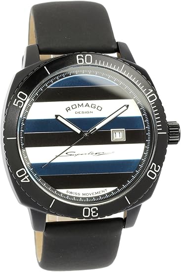 Amazon ロマゴ デザイン Romago Design 腕時計 ウォッチ ボーダー ブラック スイス製ムーブメント カレンダー ファッション メンズ レディース 並行輸入品 メンズ腕時計 腕時計 通販