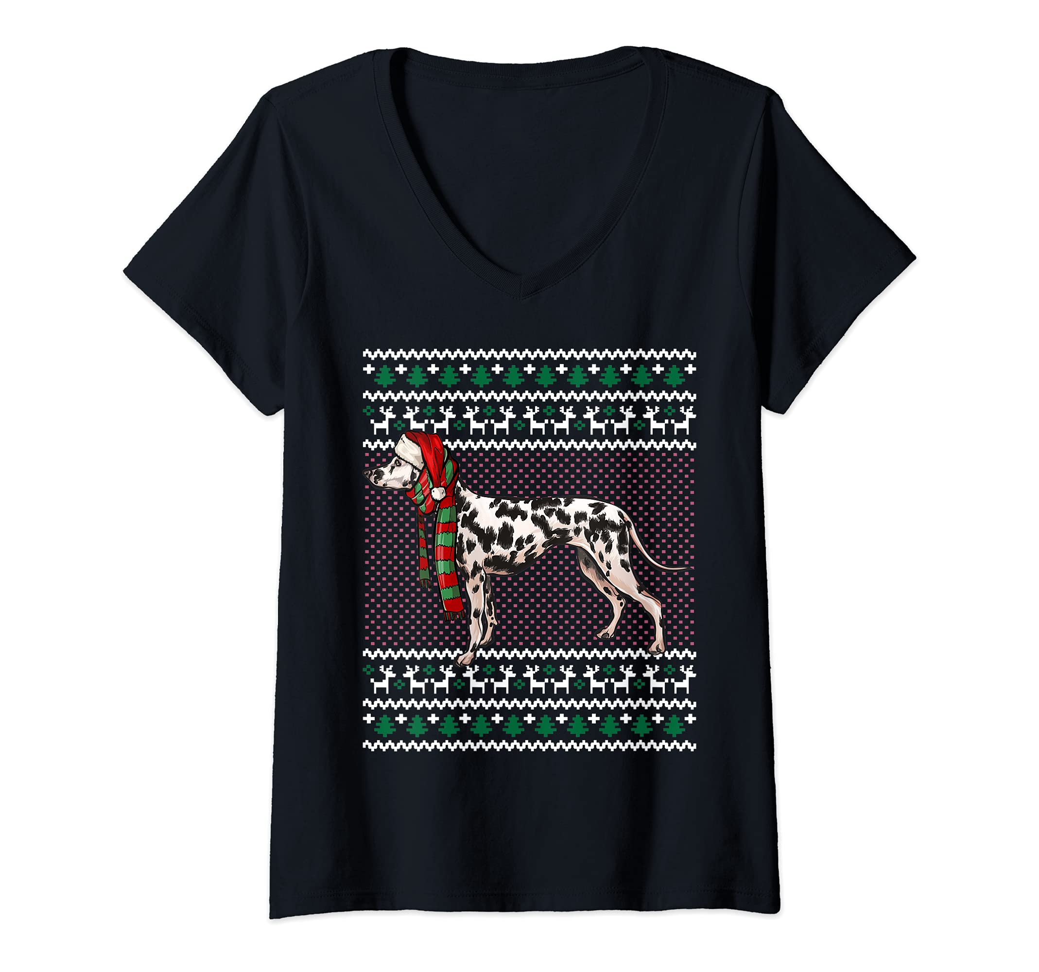 Womens Xmas Dalmatian Dog Santa Hat Ugly Christmas V-Neck T-Shirt