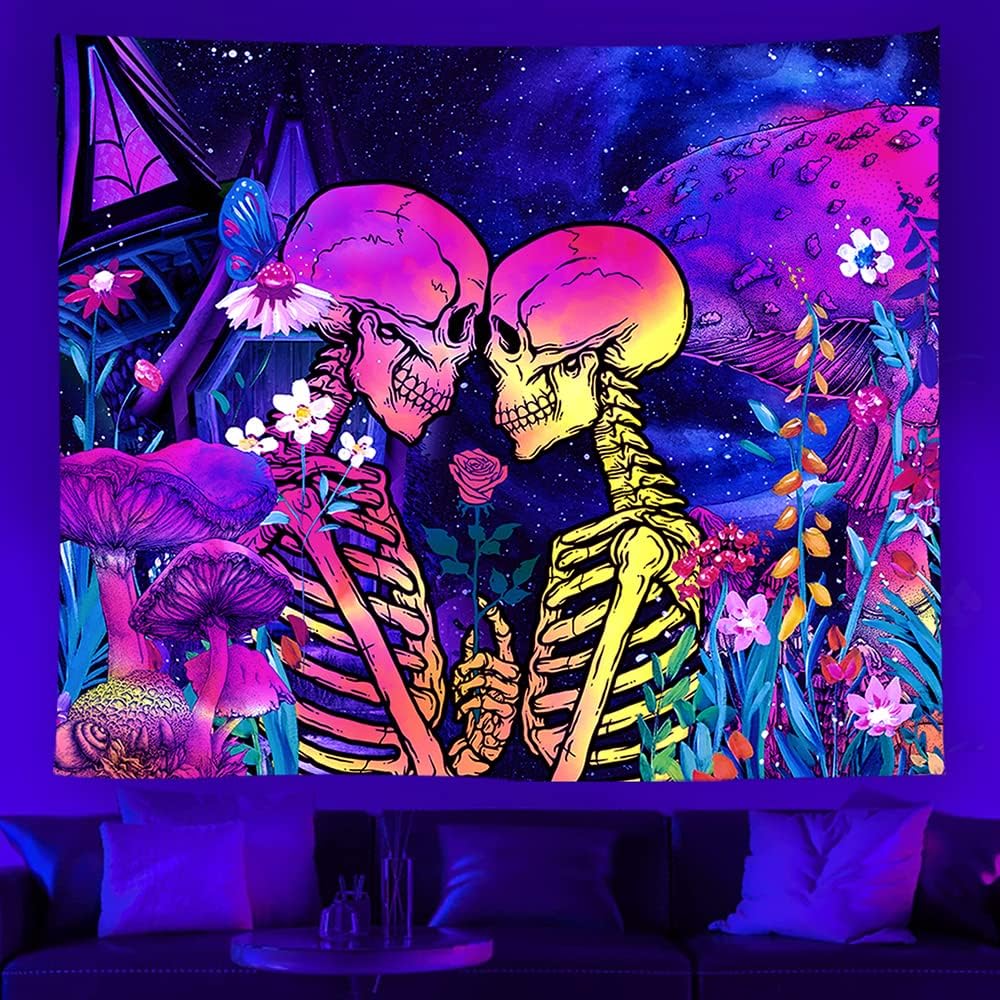 Tapestries - Wonrizon Blacklight Skull Tapestry, Romantic Lovers Mushroom Floral Tapestries Skeleton UV Reactive Wall Hanging Glow in the Dark Backdrop decor for Bedroom Living Room (mushroom skull, 51.2”x 59.1”)