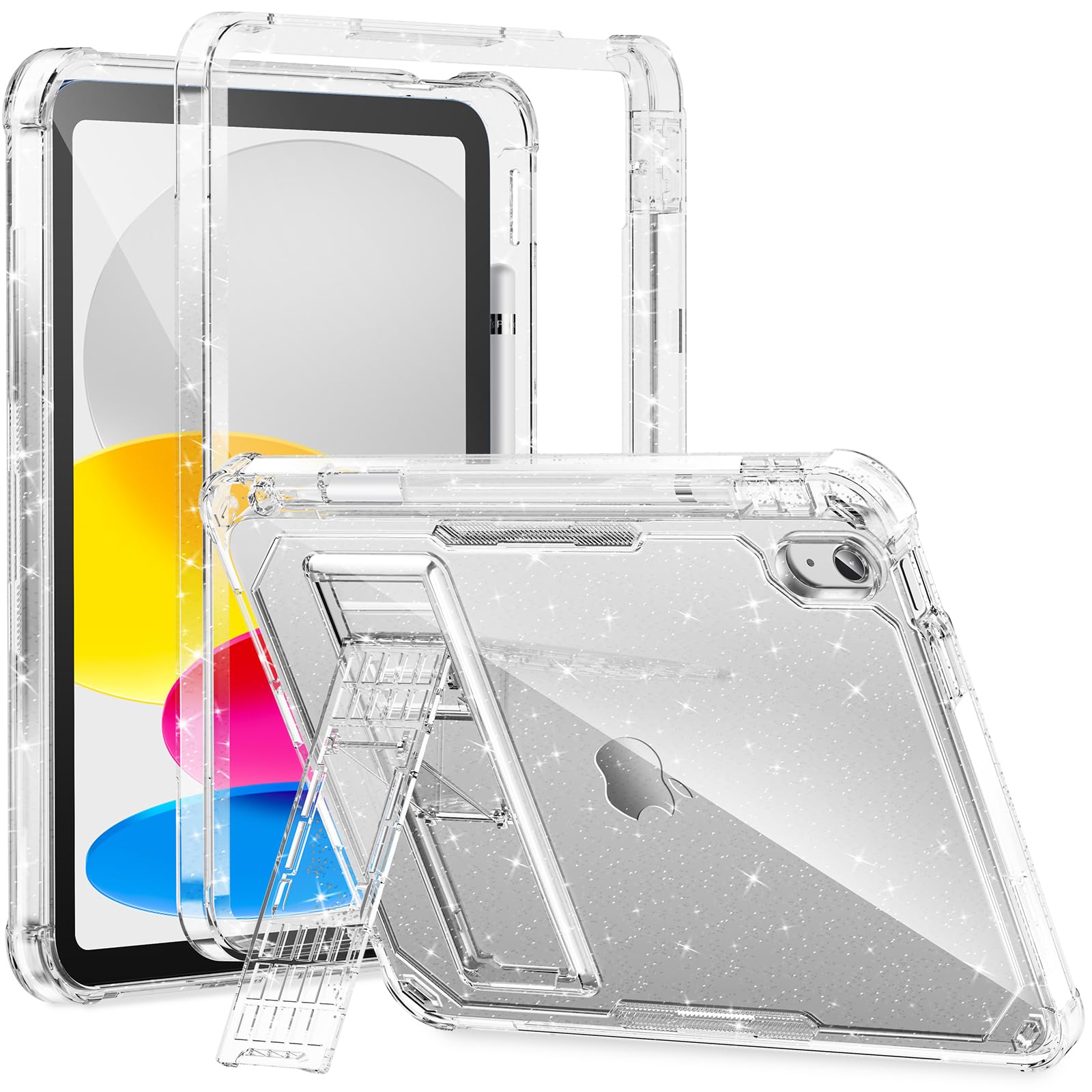 Photo 1 of INFILAND Kids Case for iPad 10th Generation Case 10.9 Inch, iPad A16 11 inch 11th Generation, Heavy Duty Shockproof Protective Cover with Stand, Glitter Clear Cute Shell for Girls, Women, Silver