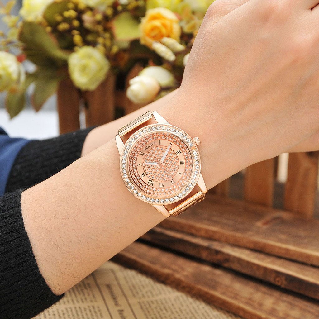 JSDDE Rose Gold Ladies Bracelet Watch Roman Numerals Luxury Rhinestone Shining Face Metal Band Wrist Watch