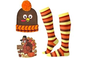 ATTYXFICA 3Pcs Turkey Trot Costume Set for Kids and Women - Thanksgiving Turkey Beanie Hat, Socks & Embroidered Iron-On Patch, Running Gear Accessories for Adults and Kids