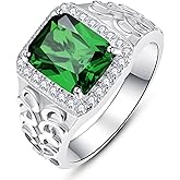 BONLAVIEGEM 5.3ct Vintage Simulated Sapphire|Emerald|Black Onyx Ring for Men White Gold Plated Men Rings 11mm Square-Cut Mens Cocktail Rings Celtic Pattern Band for Dad Father Size 7-12