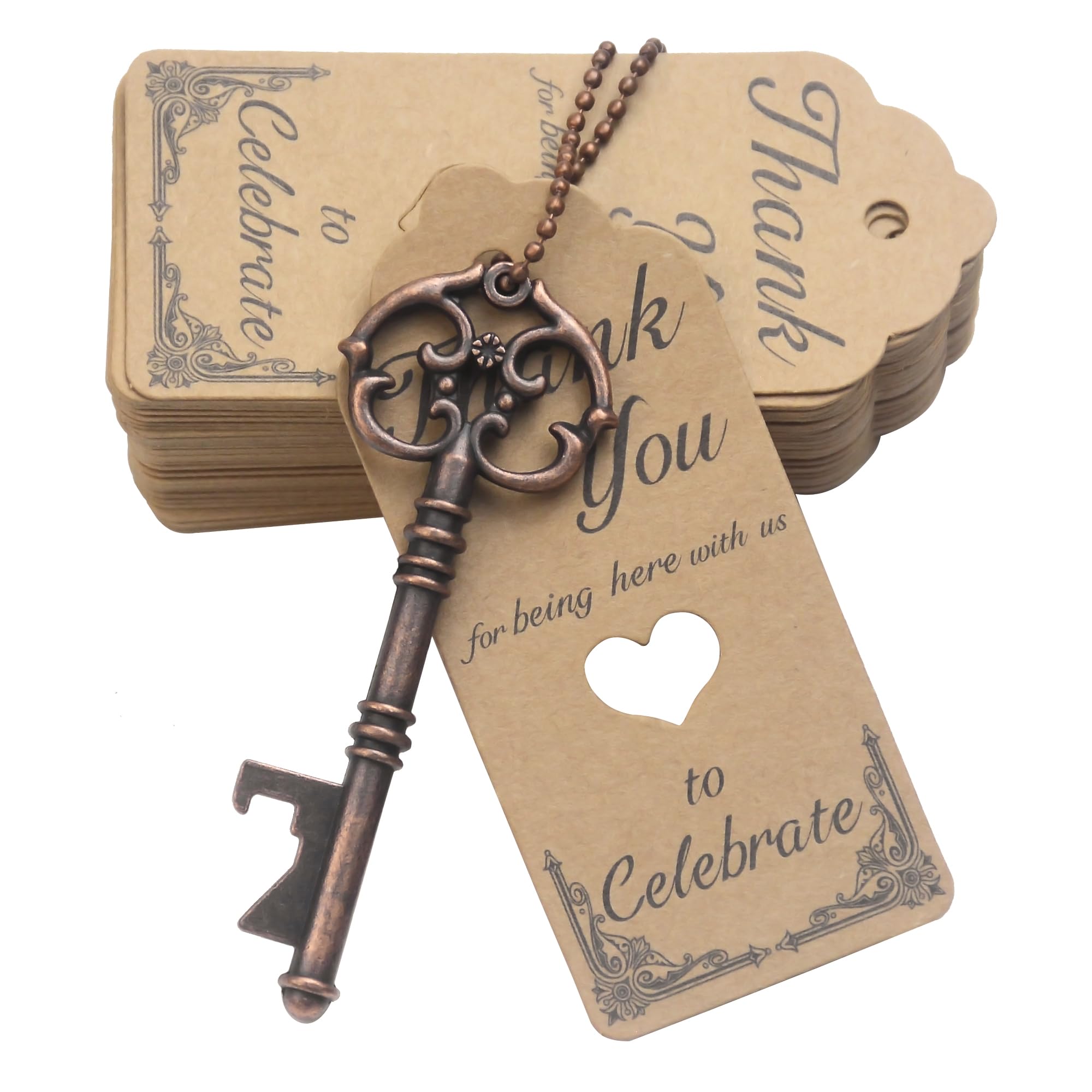 Aokbean 52pcs Vintage Skeleton Key Bottle Opener Rustic Wedding/Party Favors Guest Souvenir Gift Set with Escort Thank You Tag Card and Keychain(Antique Copper)