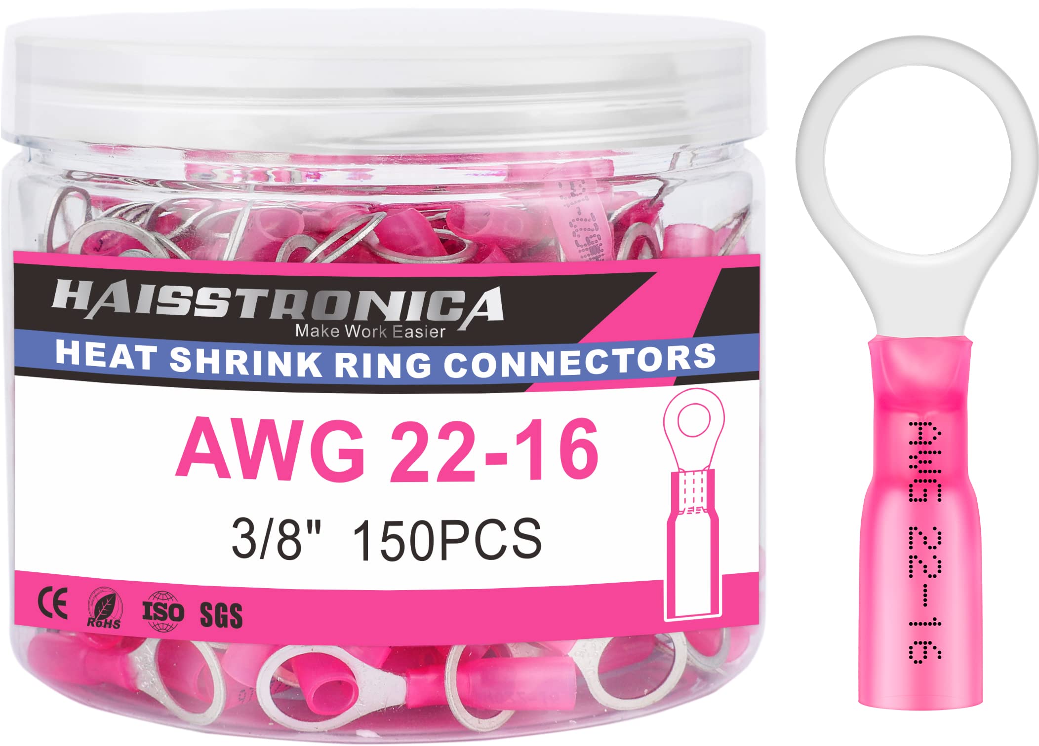 Photo 1 of ***MISSING PIECES -SELLING AS INCOMPLETE*** haisstronica Heat Shrink Ring Terminals 3/8" Marine Grade Wire Connectors Red AWG 22-16 Gauge, Tinned Red Copper 0.7mm Resistant Ring Connectors, Brazed-Seam Insulated Electrical Crimp