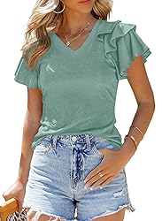 SHEWIN Summer Tops for Women Casual Short Ruffle