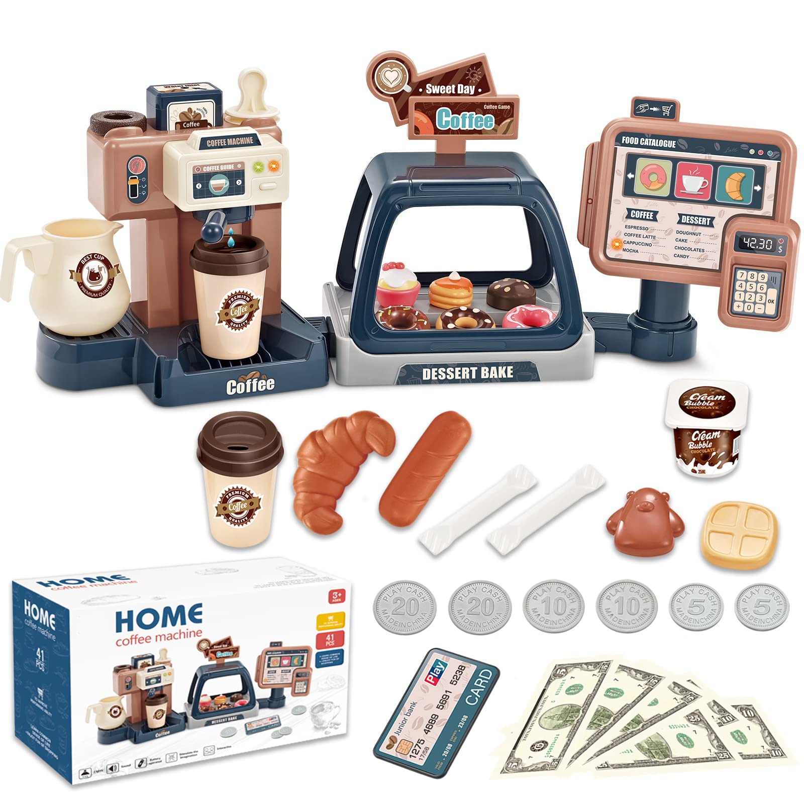 Pretend Play Coffee Maker Toy Role Play Coffee Shop Party Playset with Coffee Machine Cash Registers Food Dessert Donuts Cakes Set Early Learning Funtional Toy for kids Birthday