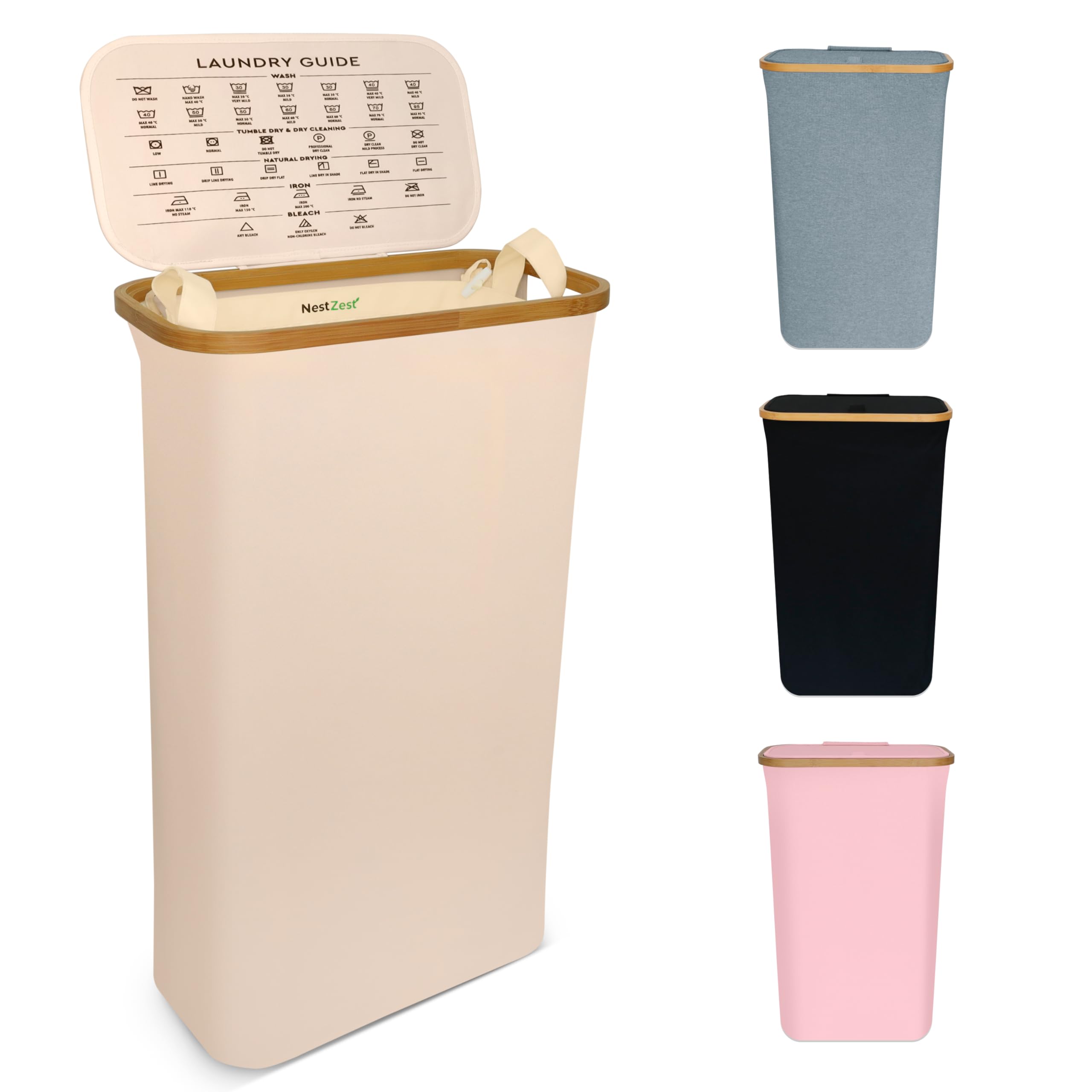 Nest Zest 60L Slim Laundry Basket with Lid, Washing Basket for Laundry, Hamper style Linen Bin with Care Guide & Removable Inner Bag, Dirty Clothes Bin with Sturdy Bamboo Rim and Oxford Fabric (Beige)