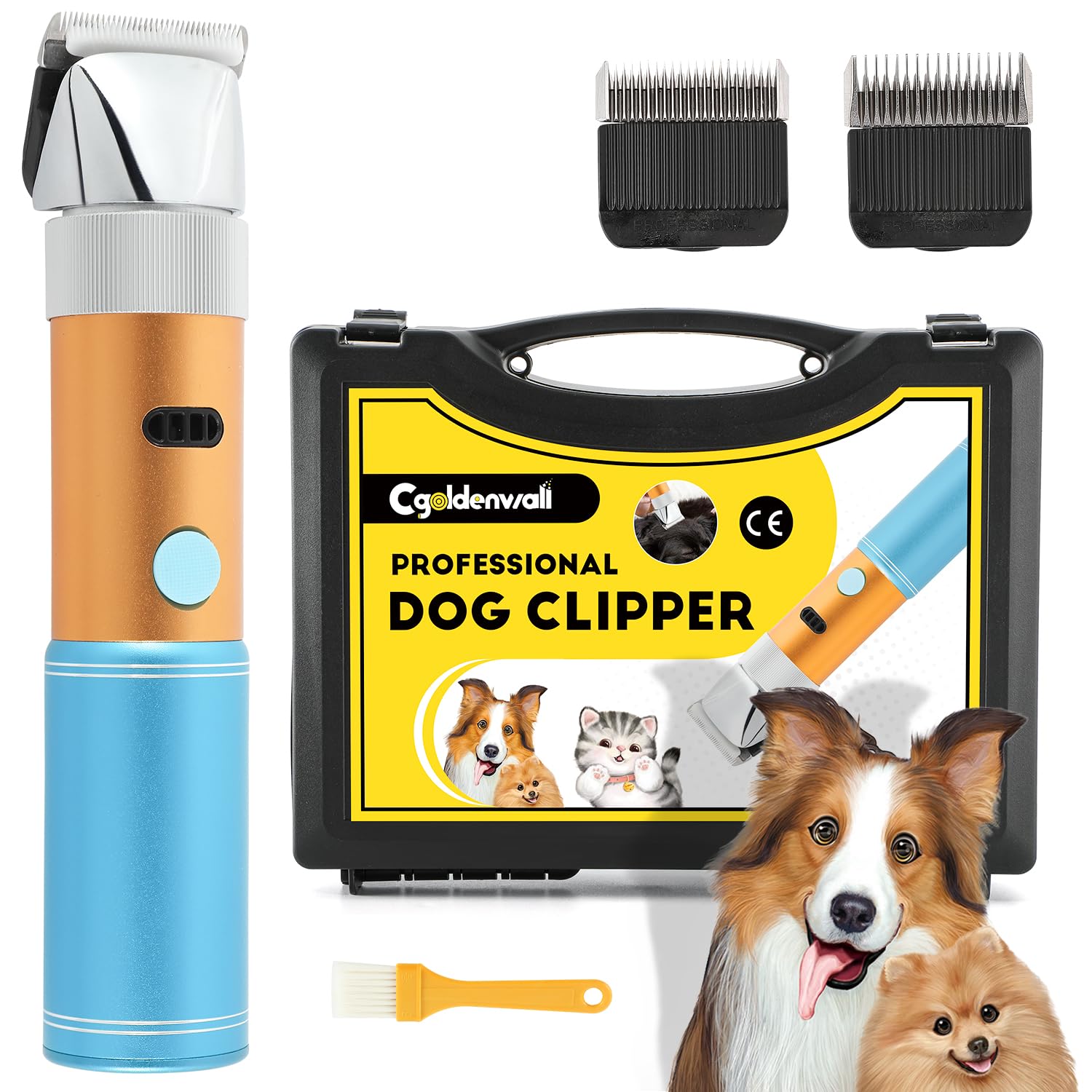 CGOLDENWALL Dog Clipper Cordless 400W Professional Rechargeable Electric Dog Pet Grooming Clipper with 3MM + 6MM Removable Cutting Heads, 5h Standby, Low Noise < 50db, No Fear of Long Hair Clogging