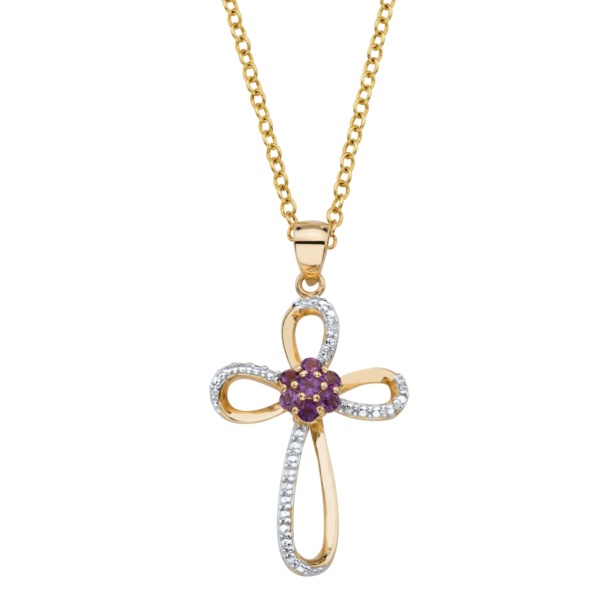 Yellow Gold-Plated Sterling Silver Round Genuine Purple Amethyst Cross Pendant (3/4"mm) with 18 inch Chain