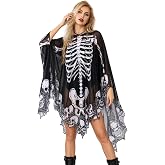 RENEMEGO Halloween Skeleton Poncho for Women Skull Costume for Adult | 59 Inch, Easy Flowing Wear, Skeleton Cape Shawl for Day of the Dead Parade Festival Cosplay Party