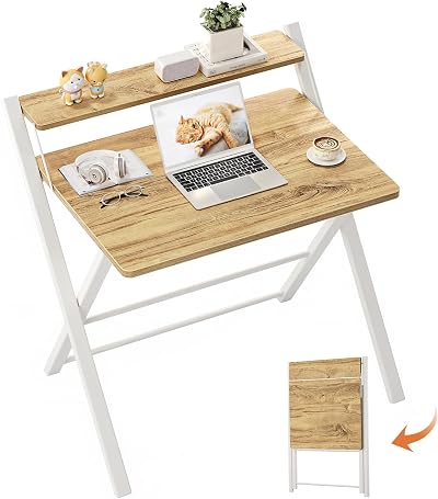 GreenForest Foldable Desk Oak No Assembly Small Desk with Monitor Shelf