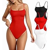 TRENLIVER Womens 3 Pack Cami Body Suits Square Neck Thong Bodysuits Adjustable Spaghetti Strap Sexy Tank Tops Y2K Outfit 2026
