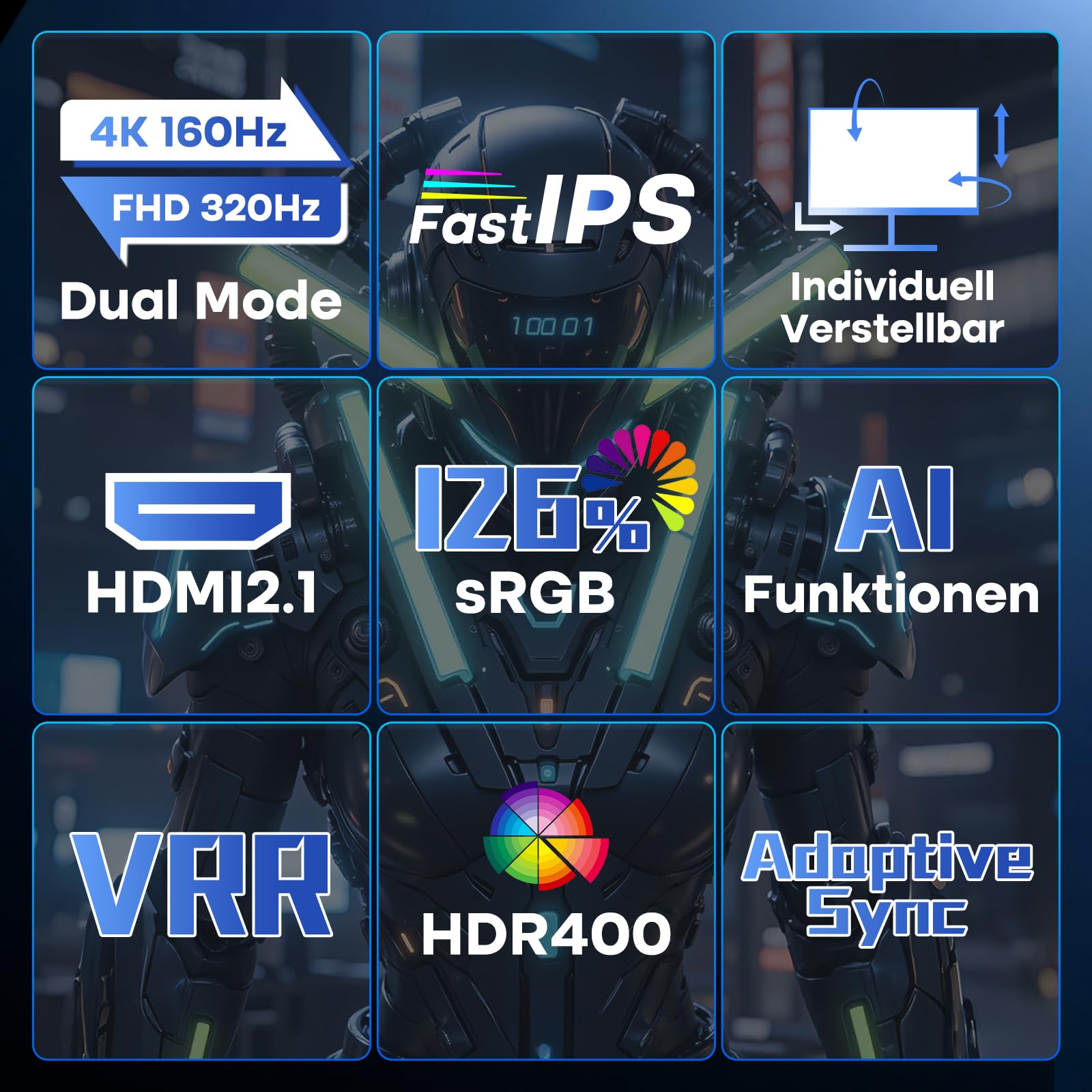 Minifire Monitor 27 Zoll, Gaming Monitor 4K:Dual-Modus (UHD 160Hz / FHD 320Hz), 1ms, HDR 400, IPS, Adaptive Sync, Höhenverstellbar, HDMI 2.1, DP 1.4, Lautsprecher, Pip/PBP (MFG27D1U) 2