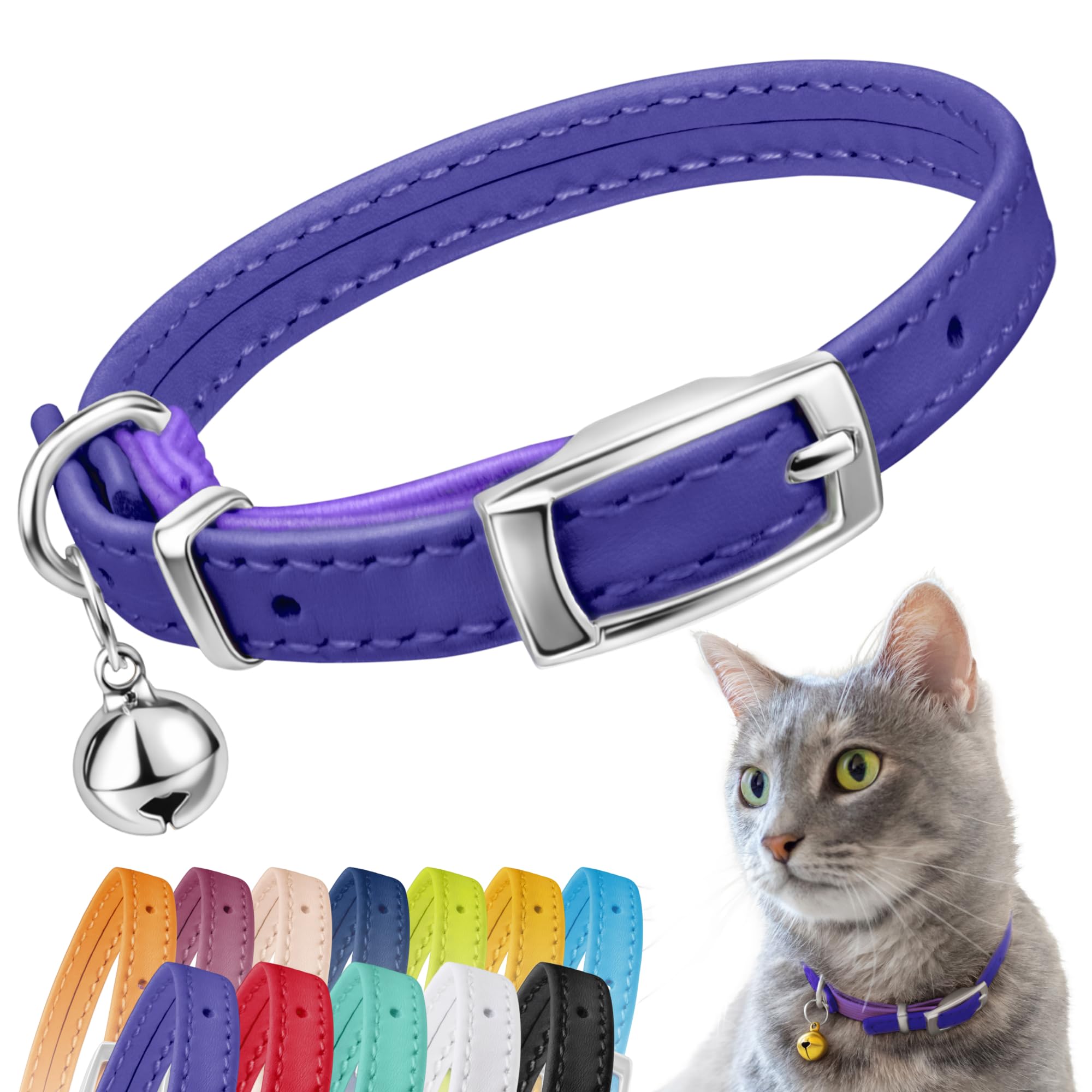 CollarDirect Leather Cat Collar, Cat Safety Collar with Elastic Strap, Kitten Collar for Cat with Bell Black Blue Red Orange Lime Green (Neck Fit 9"-11", Purple) — image 1