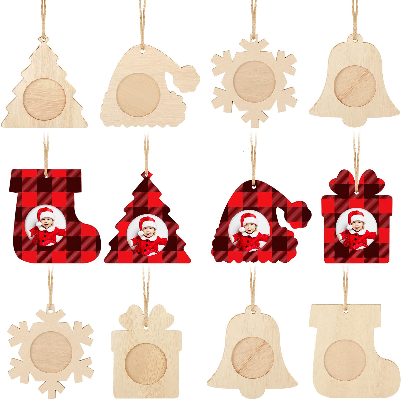 Photo 1 of 12 Pieces Christmas Picture Frames Ornament Wood Photo Frame Ornaments Wooden Christmas Hanging Ornaments with Ropes for Christmas Tree Stockings(Hat, Boots, Bell, Snowflake, Present Box, Pine Tree)