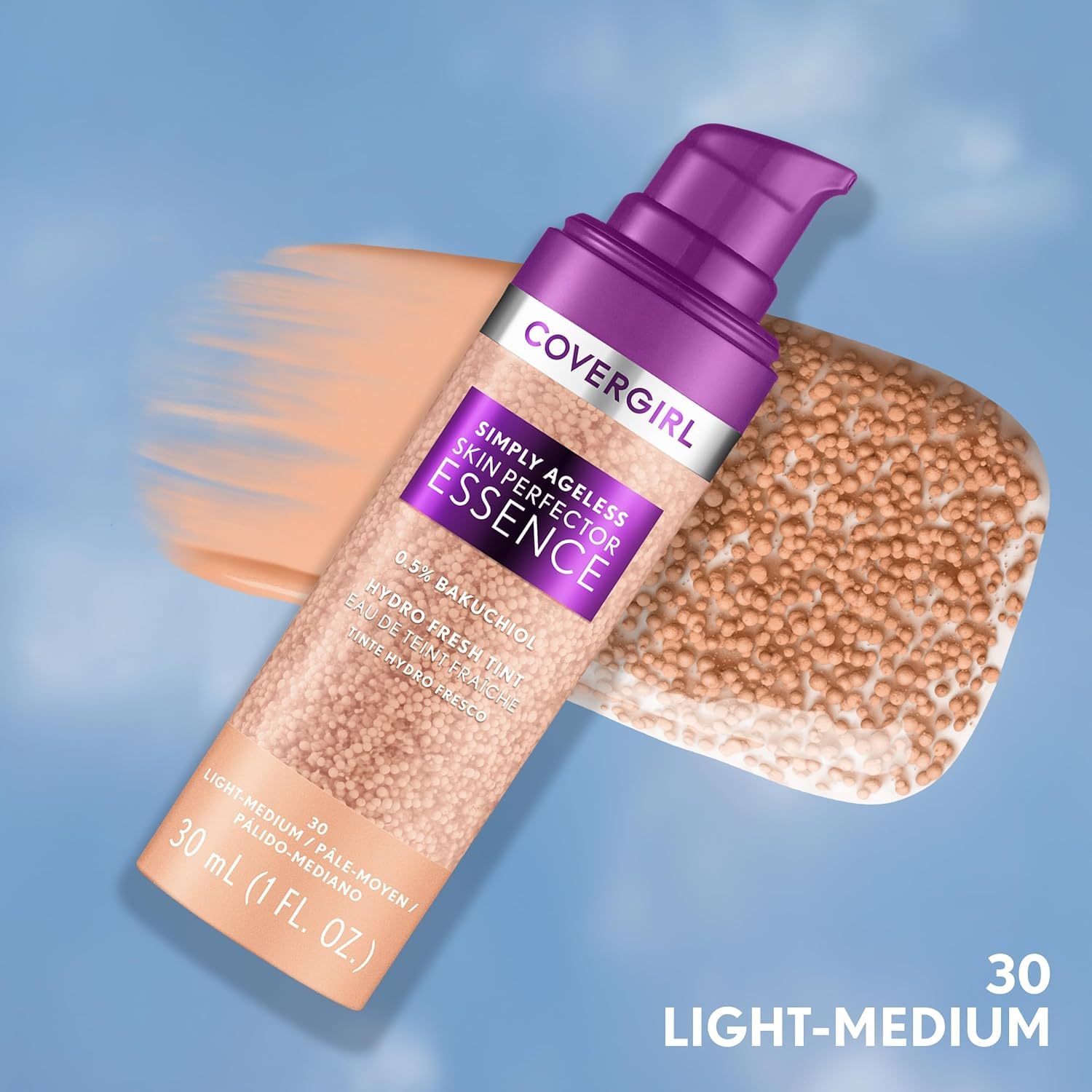 COVERGIRL Simply Ageless Skin Perfector Essence Foundation, 30 Light-Medium,Tinted Skincare Makeup Hybrid, Sheer Tint, Radiant Finish, Glowy Finish, Vegan Formula, 1.0oz