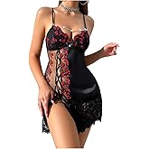 SweatyRocks Women's Lace Floral Sheer Mini Lingerie Dress Sexy Chain Split Spaghetti Strap Nightgown Babydoll Chemise