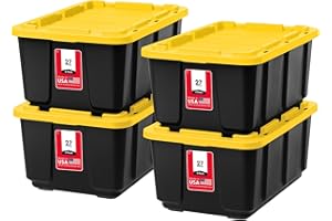 IRIS OHYAMA IRIS USA 27 Gallon Heavy Duty Truck Bed Toolbox Storage Tote Bins with Lids, 4 Pack - Made in USA, Tough Snap On Lockable Lid Stackable Industrial Tubs, Garage Organization Reusable Box - Black/Yellow