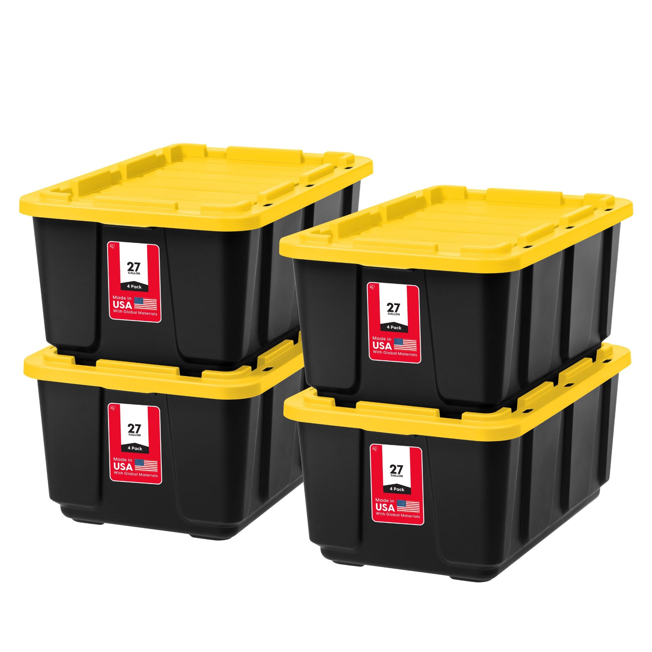 Photo 1 of ******broken lids*****IRIS USA 4-Pack 27 Gallon Storage Bins with Lids |Made in USA| Heavy Duty Plastic Tote Containers for Truckbed Tool Box Organization, Large - Black/Yellow