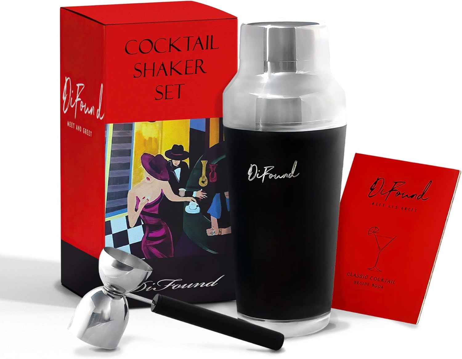 DiFound Cocktail Shaker Stylish Martini Shaker Gift Set | Mini Bar For Home | Professional Stainless Steel Cocktail Kit Drink Shaker & Handled Jigger (Black) | 14 Cocktails Recipe Book