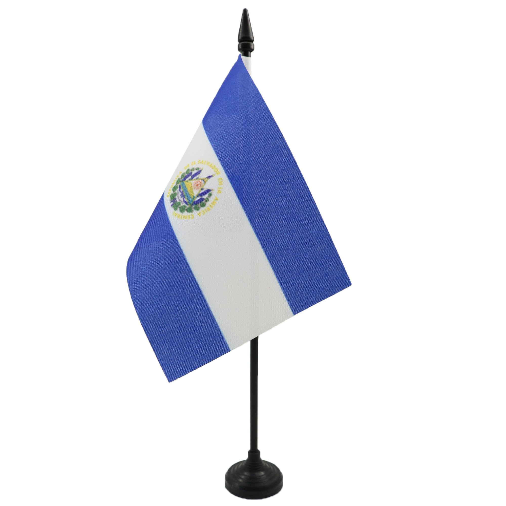 AZ FLAG - El Salvador Table Flag 4'' x 6'' - Salvadoran Office Mini Banner 100% Polyester 15 x 10 cm - Mini Desk Flag with 10'' Pole and Black Plastic Base โ image 1