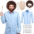 Leumoi 19 Pcs 80s Painter Costume Set Men Brown Afro Wig Beard and Painting Kit for Halloween Painting Artist Cosplay