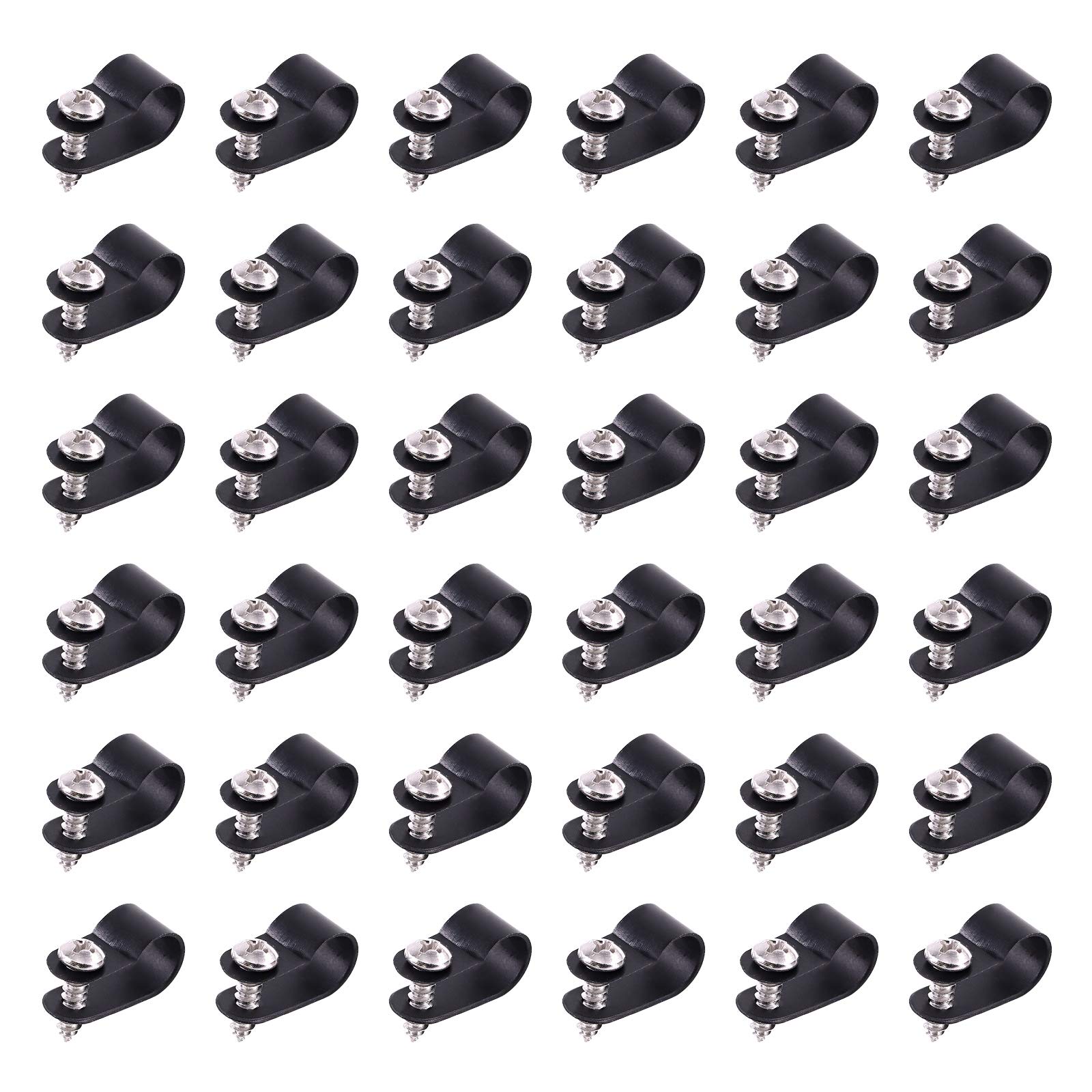 Swpeet 60 Pack Black 3/8 Inch Nylon Plastic R-Type Cable Clips Clamp Kit, Nylon Screw Mounting Cord Fastener Clips with 60 Pack Screws for Wire Management (3/8 Inch, Black)