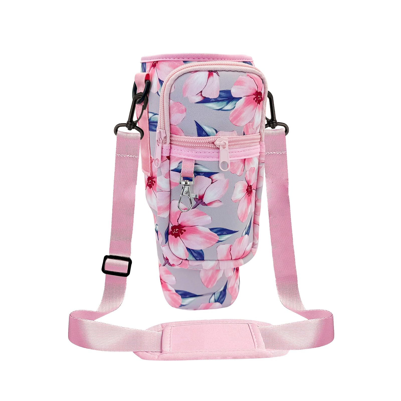 MultiValue Water Bottle Carrier Bag for Stanley Cup, Fashion Water Bottle Holder with Strap Phone Pocket, Water Bottle Pouch Bag Fits Stanley 40oz Tumbler for Walking and Hiking (Pink Flower)