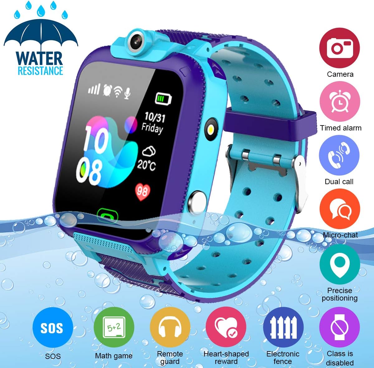 Kids Smart Watch,Childrens Smartwatch for Kids Boys,Waterproof LBS Tracker Watch HD Touch Screen Sport Smartwatch Phone Watch with SOS Call Camera Game Alarm for Children Teen Students,Blue
