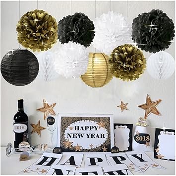 Nouvel An Decorations Or Noir Blanc Partie Decor Kit Papier Tissu Pom Poms Fleur Papier Lanterne Papier Nid D Abeille Boules Parti Suspendu Decoration Faveur Pour Decoration D Anniversaire Or Noir A T Amazon Fr