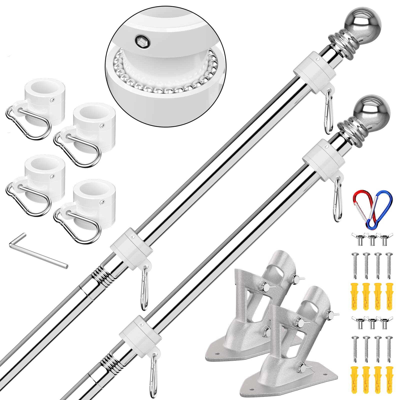 ZMTECH Flag Pole Kit, 6FT Wall Mounted Flagpole with Bracket for Wall, Stainless Steel Tangle Free Flag Pole Holder for House(Without Flag, Set of 2, Silver)