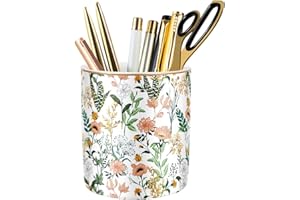 WAVEYU Large Capacity Colored Pen Holder for Desk, Ceramic Pencil Holder Pen Cup Marker Holder Makeup Brush Holders, Desk Accessories & Workspace Organizers for Home, School & Office, White Flower