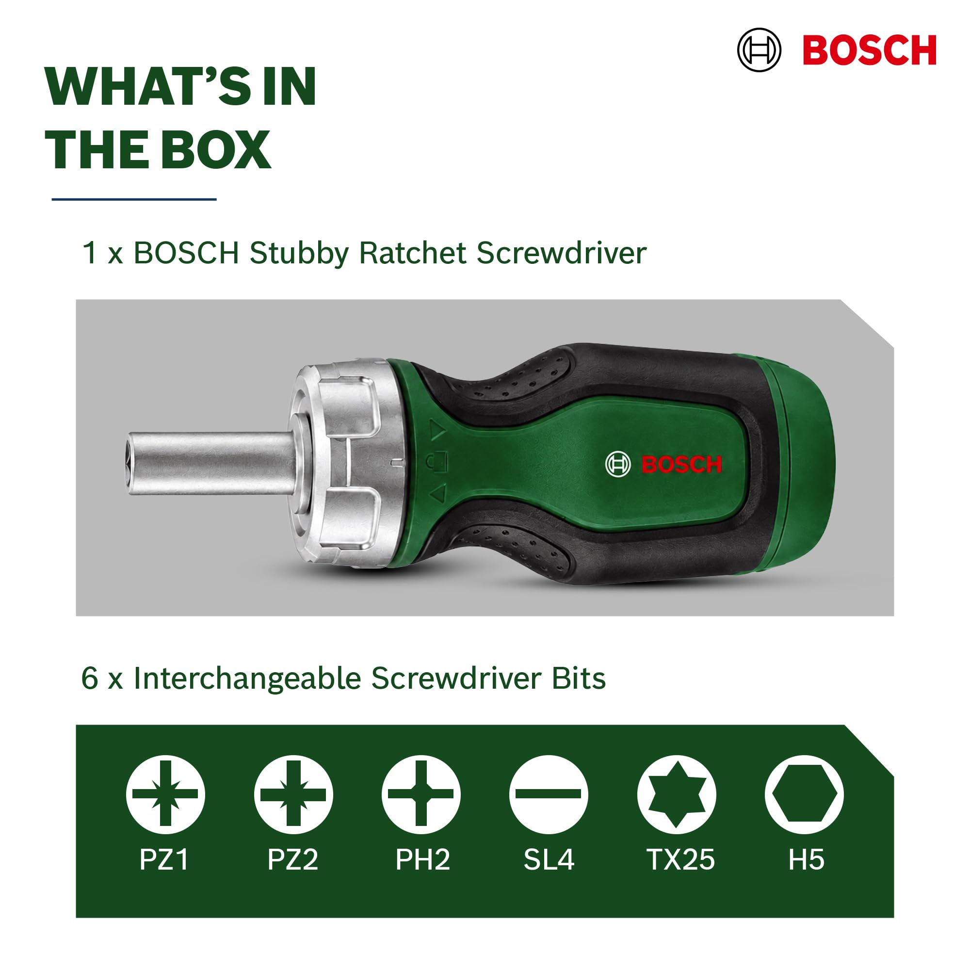 Stubby Ratchet Screwdriver with 6 Bits 7