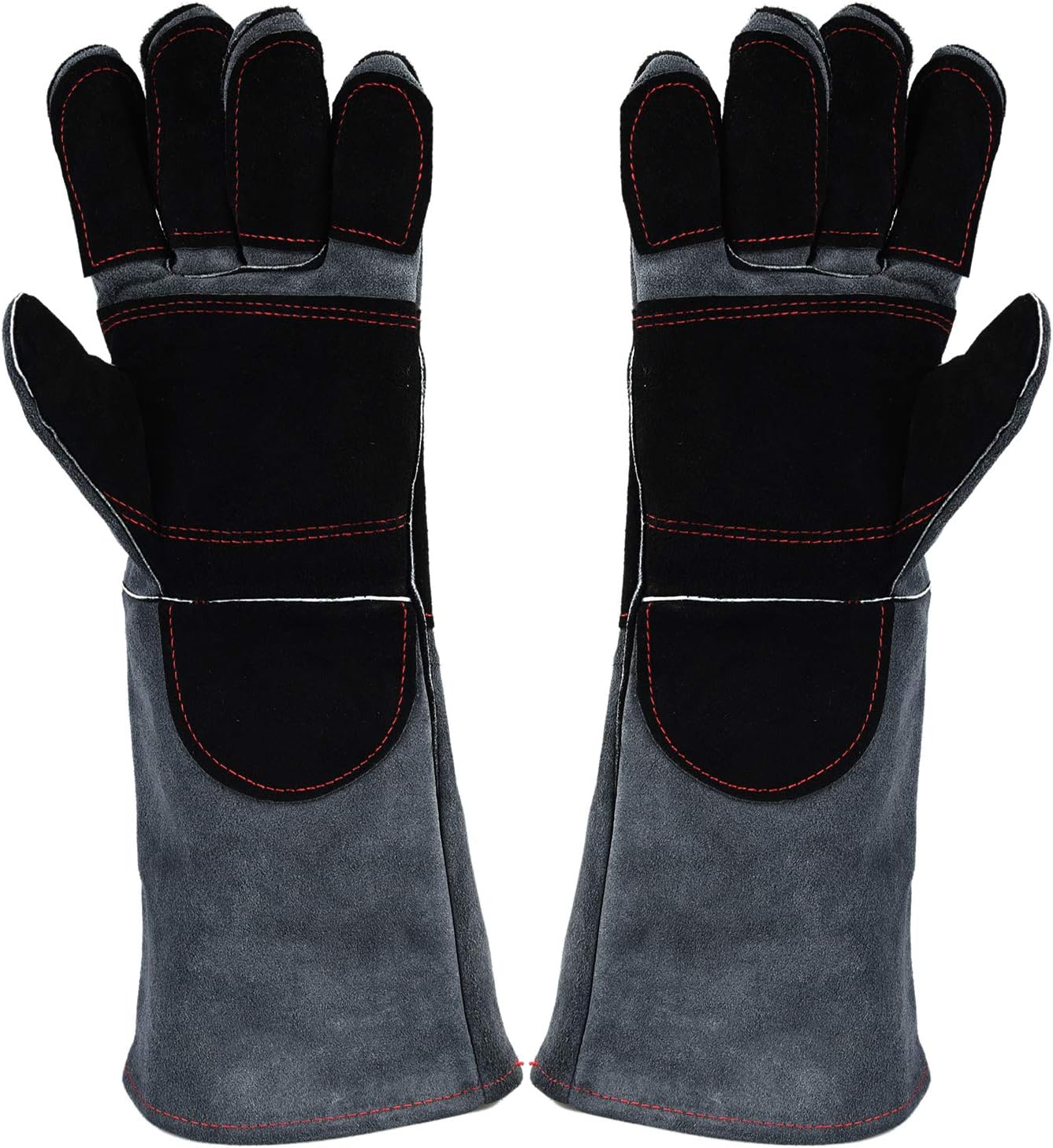 Welding Gloves Lined Leather Extreme Heat Resistant Double Insulation For Mig, Tig Welders, BBQ, Gardening, Camping, Stove, Fireplace and More - 16 in, Grey+Black