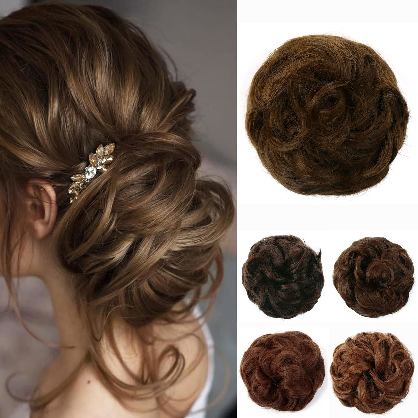 JJstar Messy Hair Bun Curly Wavy Hair Scrunchies Accessories Pieces for Women Girls Synthetic Chignons (Medium Ash Brown) — image 1