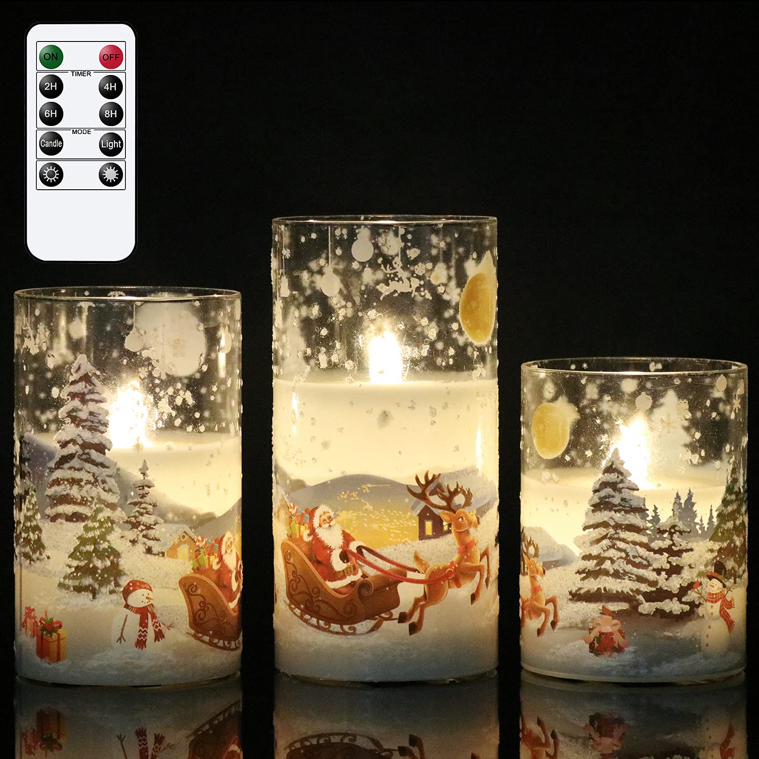 Photo 1 of ** ONLY 2, MISSING TALLEST ONE**
DRomance Santa Claus Glass Flameless Candles Battery Operated Remote and Timer Real Wax LED Flickering Pillar Candles White Cold Light Window Christmas Holiday Decor D3 x H4, 5", 6"
